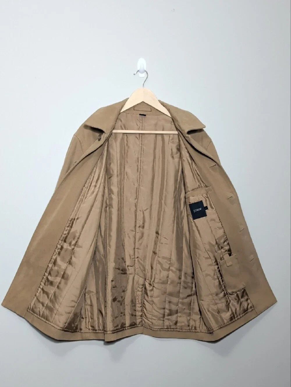 Vtg 90's J.Crew Mens Classic Tan Button-Up Coat Mid Length Minimal Preppy Large